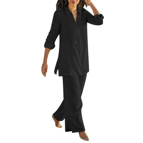 Bmisegm Women's Solid Color Vintage Pants Suit Cotton Casual Long Sleeved Loose Cotton Suit Womens Pant Suit Black XXL
