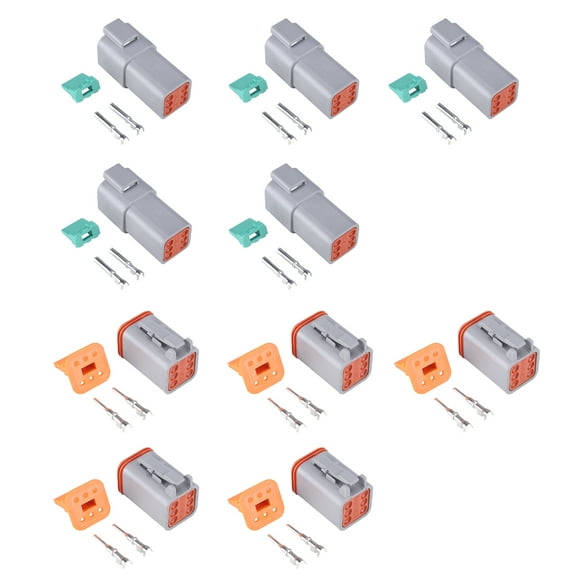 E-TING 5 Kit 6 Pin Way DT Series Connector Gray Receptacle IP67 Waterproof Heavy Duty 14-22 AWG 13 Amps Continuous DT04-6P DT04-6S w/Wedge Lock W6P W6S (5 Kits, 6 Pin)