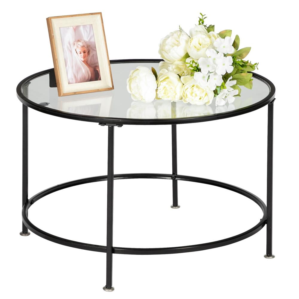 Zimtown 26" Tempered Glass Round Coffee Table Coffee Cocktail Table for