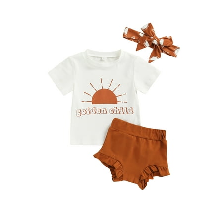 

Gzhioc Infant Baby Girls Summer Fashion Suit Short Sleeve Sun Letter Printed Tops+Solid Color Ruffled Shorts+Headband