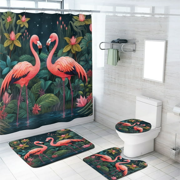 Pink Flamingo 4 Pcs Shower Curtain Set Tropical Birds Green Palm Leaf Flowers with 12 Hooks, Bath Mat Set Bathroom Decor by Durable Waterproof Fabric, 72x72 Inch