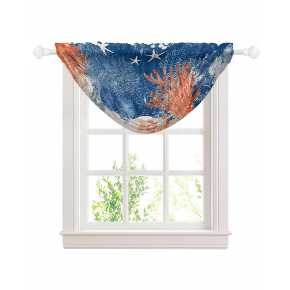 Orange Navy Blue Coral Sheer Waterfall Valance Curtains for Window, Summer Beach Coastal Ocean Starfish Rod Pocket Sheer Topper Swag Curtains for Living Room, Kitchen 38.5"W x 47.2"L, 1 Panel