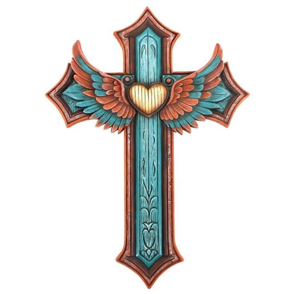 De Leon Collections 14869 Polyresin Turquoise & Orange Heart Angel Wings Wall Cross