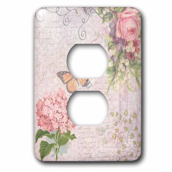 3dRose, Vintage Flowers handwriting and butterfly - pretty summer garden girly collage - swirls and leaves, 2 plug outlet cover