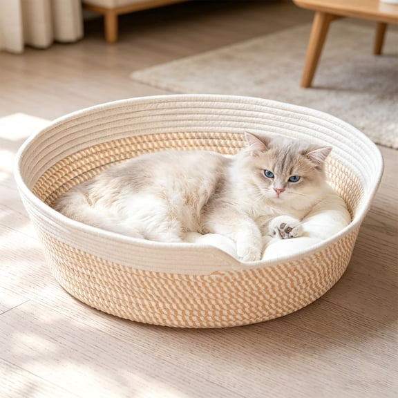 2-in-1 Handwoven Cat Basket Bed with Cushion, All Season Round Cat Sleeping Bed, Cat Nesting Basket, Cotton Rope Cat Bed for Kittens & Indoor Cats