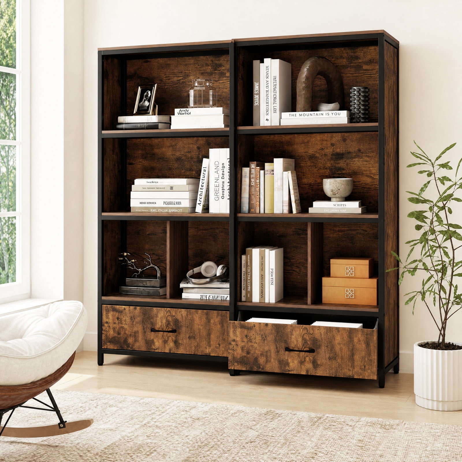 Furnibear 56" Tall Freestanding Bookcase with Drawer 5 Tier-RusticBrown for Living Room Home Office Bedroom Display Storage Shelf, Coffee