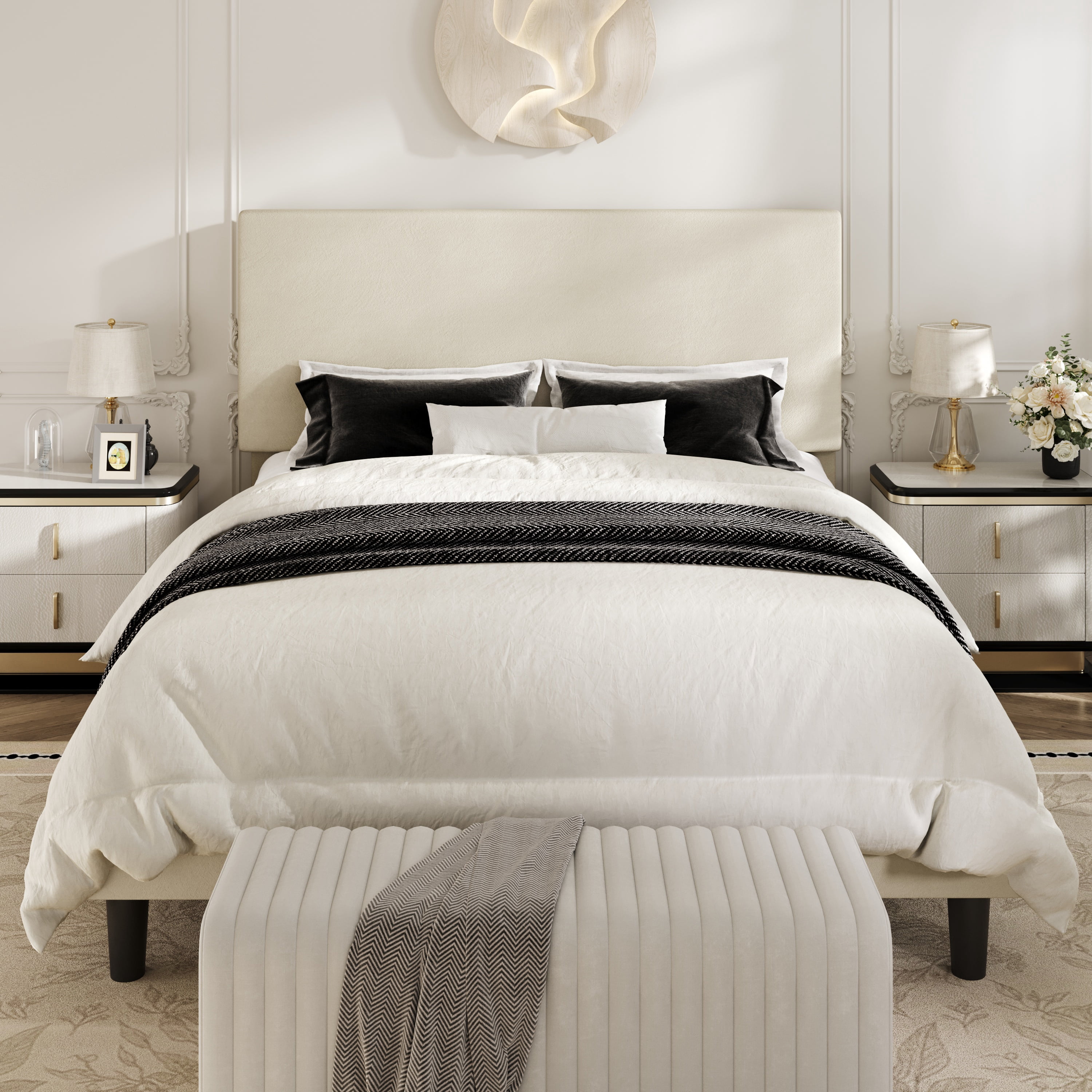 Amolife Queen Bed Frame, Platform Bed Frame with Upholstered Adjustable Headboard, Cream White, Velvet