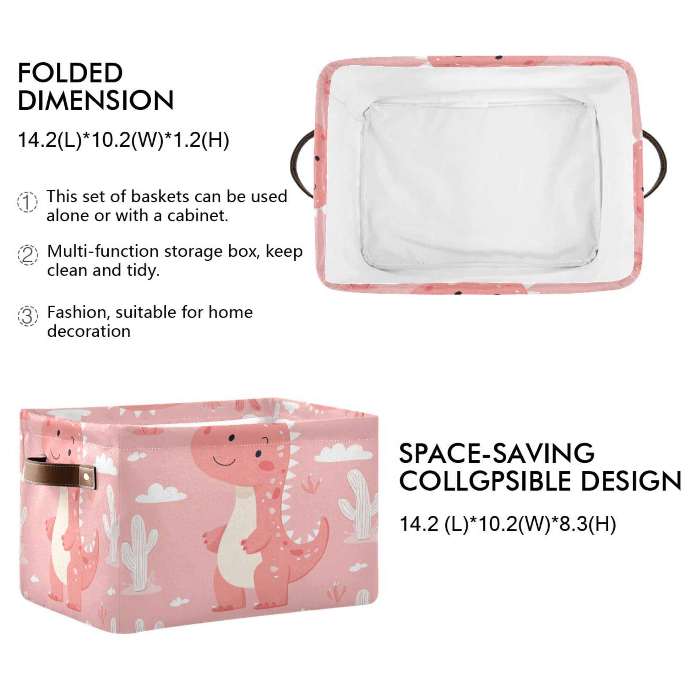 Cute Pink Dinosaur Pattern Foldable Storage Basket,Canvas Fabric Foldable Storage Bins with Handles Open Home Storage Bins Boxes for Toy Book Shelf Closet Baskets
