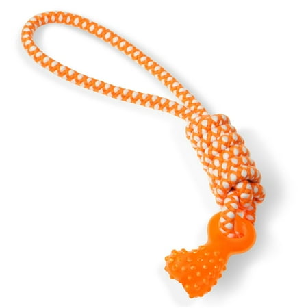Bone Pet Toy - Fluffy Paws Mini Bone Pet Dog Rubber Dental Chew Toy and Tug Rope - Orange/White (15