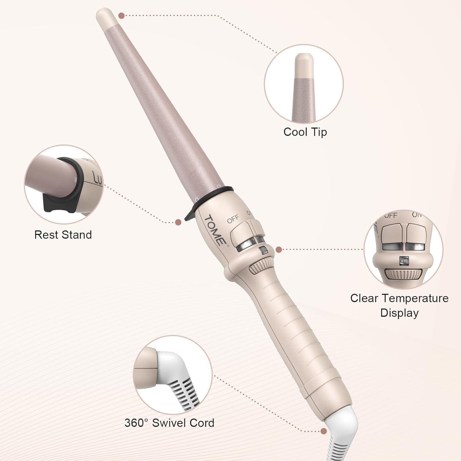 ToMe Professional Ceramic 1/2-1 inch Tapered Hair Curling Wand ,180℉-410℉ Fast Heating Dual Voltage Wand Curler for All Hair Type