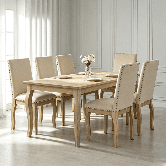 Set of 6 Dining Chairs Wood Upholstered Fabirc Dining Room Chairs with Nailhead(Natural)
