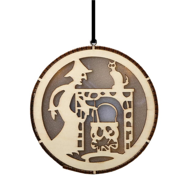 Luz Hueca De Madera Para Halloween Con Patrón De Bruja, Decoración Colgante Led Redonda De Halloween Para Ventana, Cerca De Árbol, Puerta, Escritorio De Oficina Advancent HA027580-01