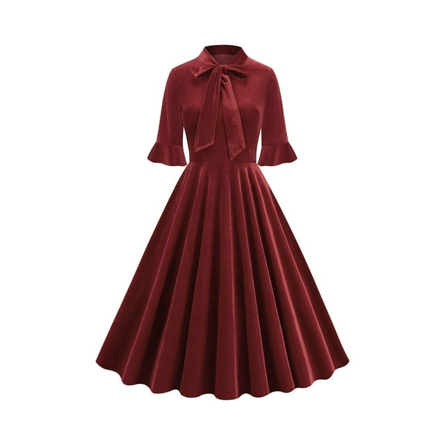 cfhntfmh Robes de Cocktail pour Femmes Vintage à Volants Manches 3/4 Robe Midi Élégante Nœud devant Invitée de Mariage Fête Bal Robe