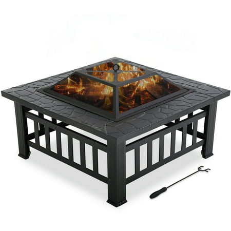 Outdoor fire pit for wood 32" Metal firepit with Charcoal Rack,Poker& Mesh Cover