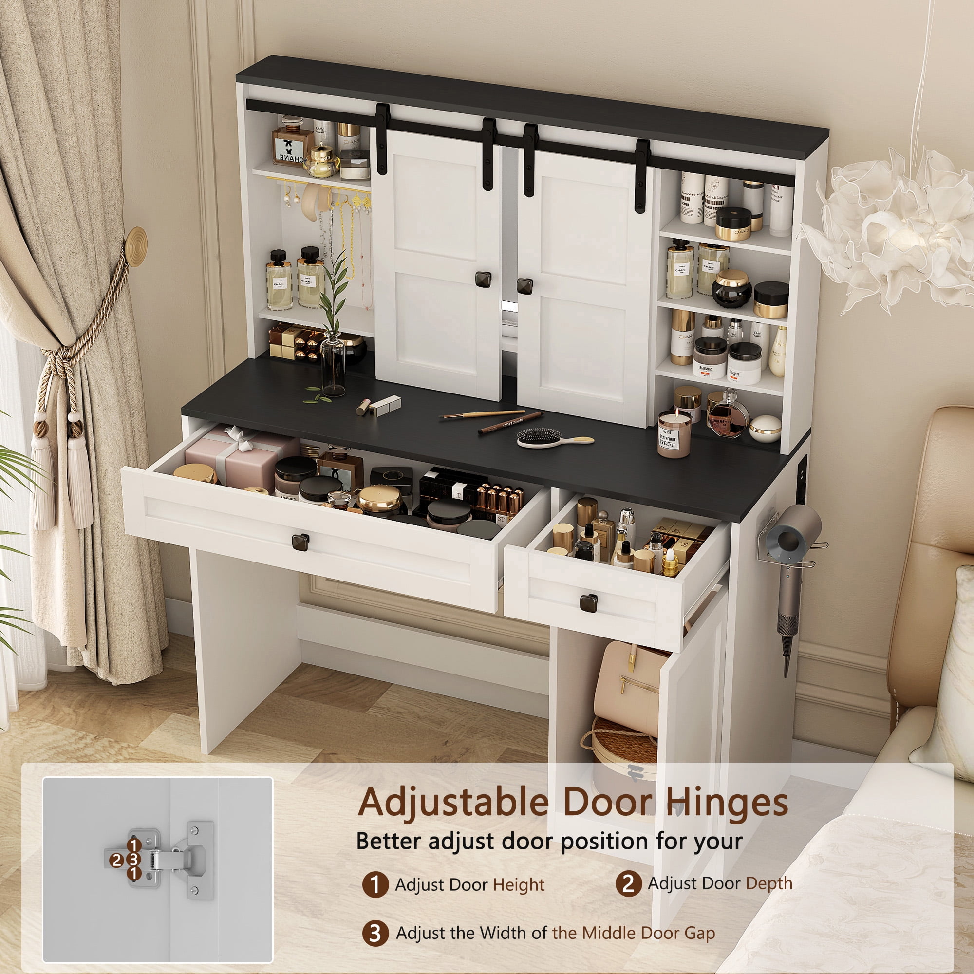 Aukfa Farmhouse Vanity Desk w/Mirror & Light, Large Dressing Table Set for Bedroom,White