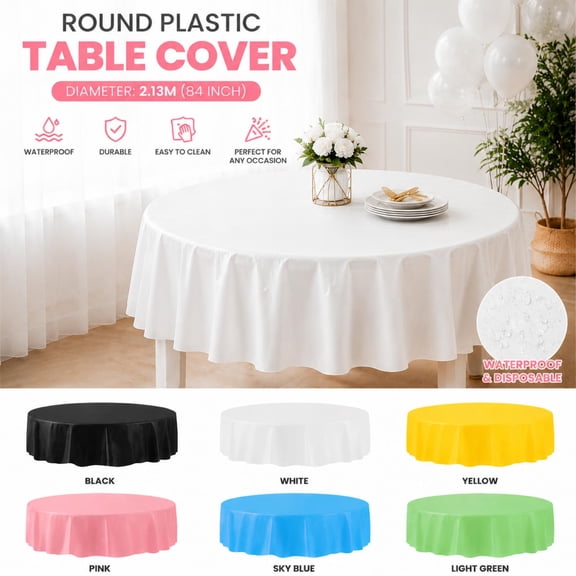 Kumdkd 84 in Round Disposable Plastic Tablecloth, Large Circular Wipe Clean Party Table Cover for Banquet Event Tables, White