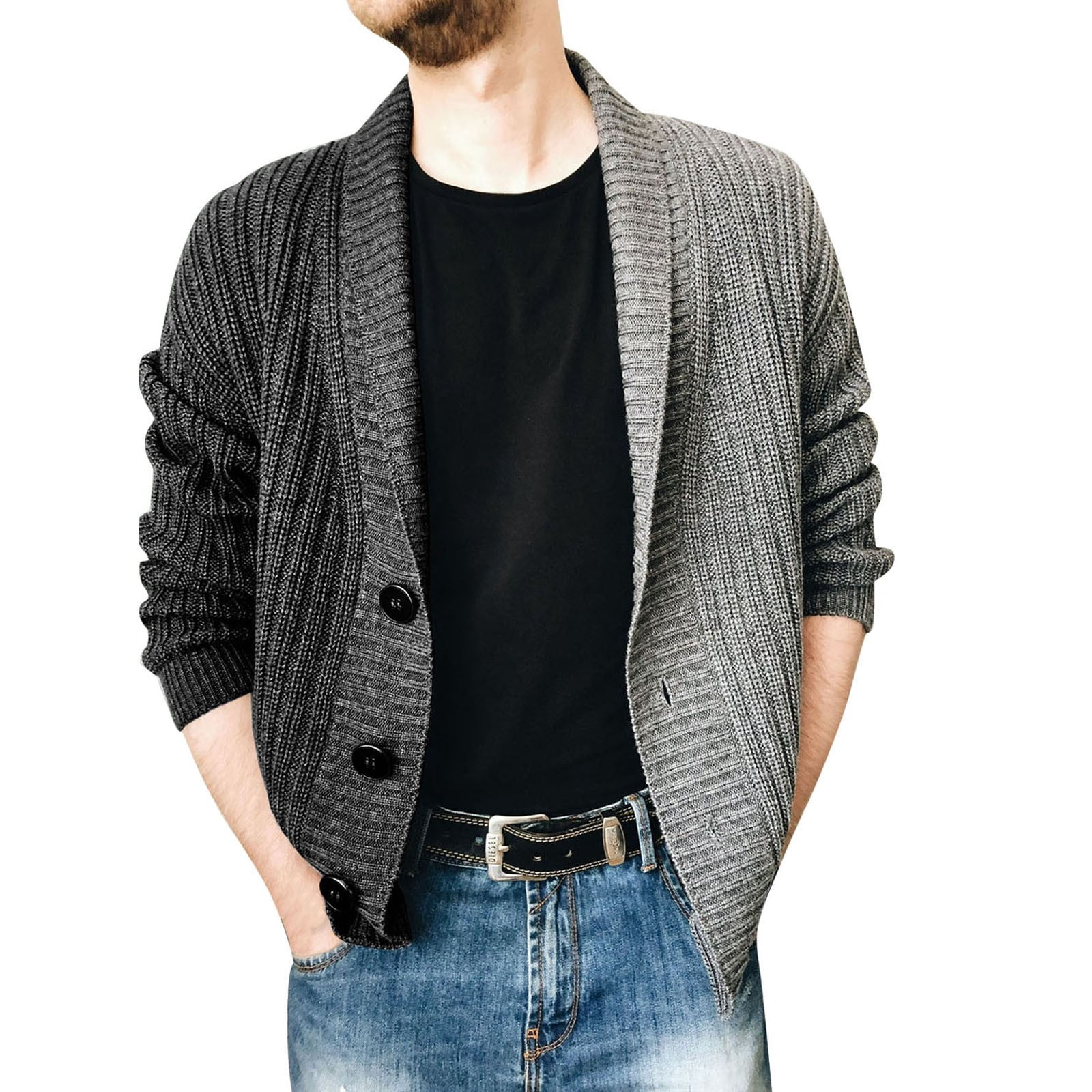 Ertutuyi Men's Two-Color Stitching Lapel Single-breasted Knit Cardigan Sweater Coat, Size: 2XL