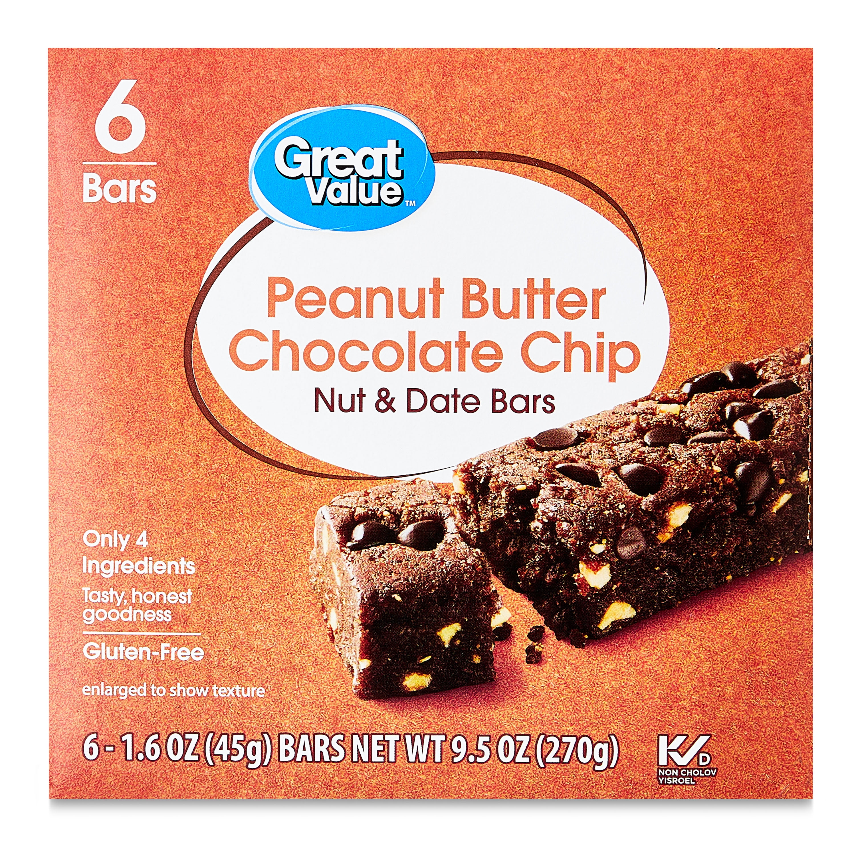 (3 pack) Great Value Peanut Butter Chocolate Chip Date & Nut Bars, 9.6 oz, 6 Count