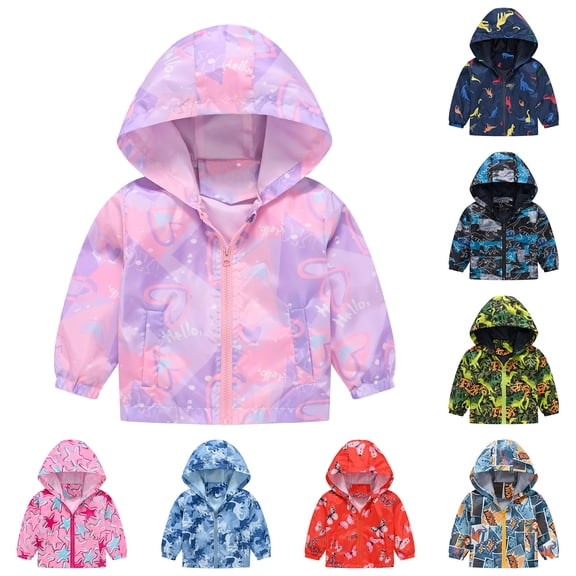 RTKFRFLM Kids Lightweight Windbreaker Hooded Cartoon Graphic Outerwear Jacket Navy 12-18 Months
