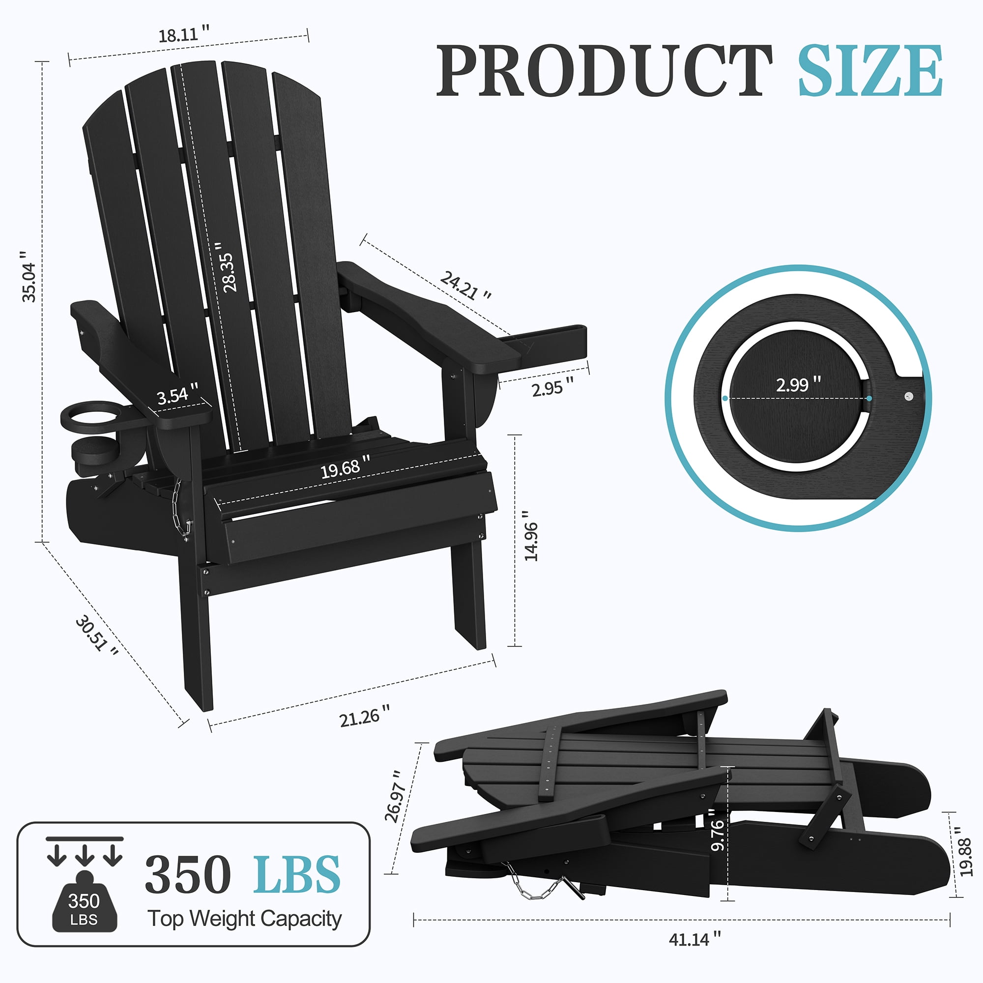 Walsunny Folding HDPE Adirondack Chair Set of 4,All-Weather Outdoor Fir Pit Chairs with Cup and Phone Holder for Outdoor Patio Garden Backyard,Black