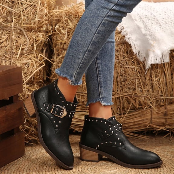 Chunky Stacked Heel Ankle Boots For Women Pointed Toe Boots Mid Calf Silver Studded Strap Heeled Booties Fall Dress Shoes
