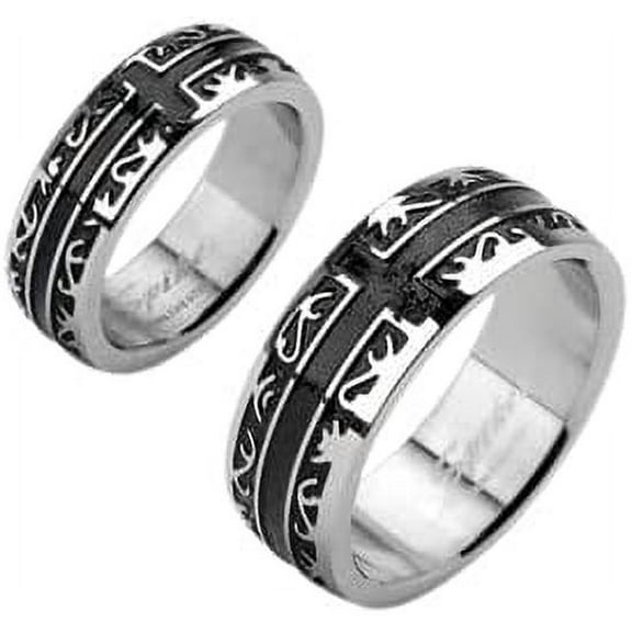 Stainless Steel Black IP Tribal with a Cross Ring Size 5
