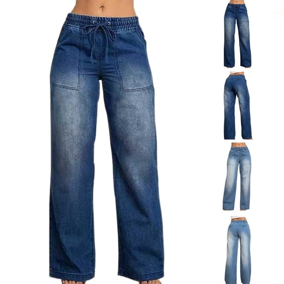 Frostluinai Womens Wide Leg Jeans High Waisted Baggy Drawstring Denim Pants Casual Washed Trouser with Pockets Retro Boyfrined Jeans