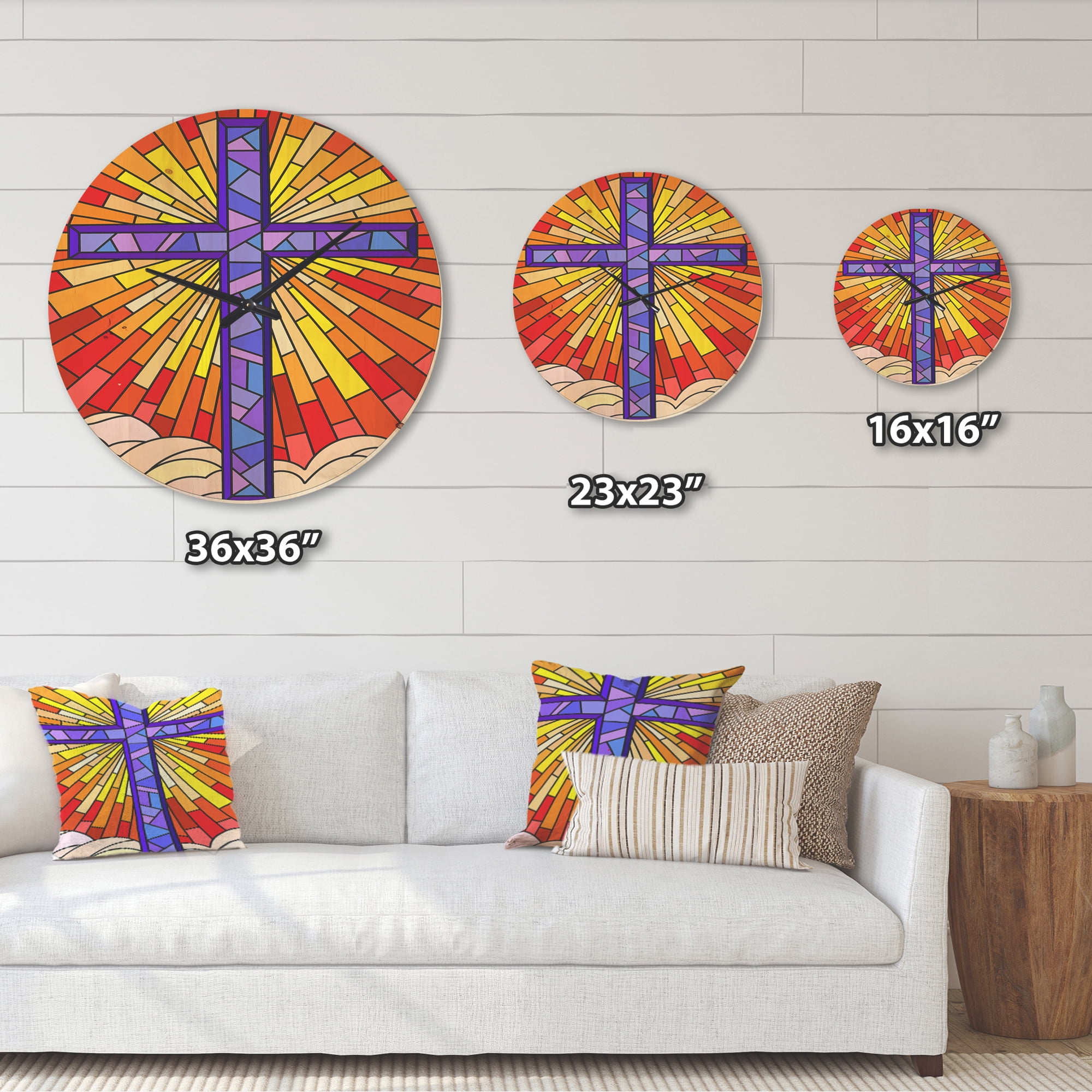 Designart 'Blue Holy Cross Stained Glass Style ' Rustic Wood Wall Clock
