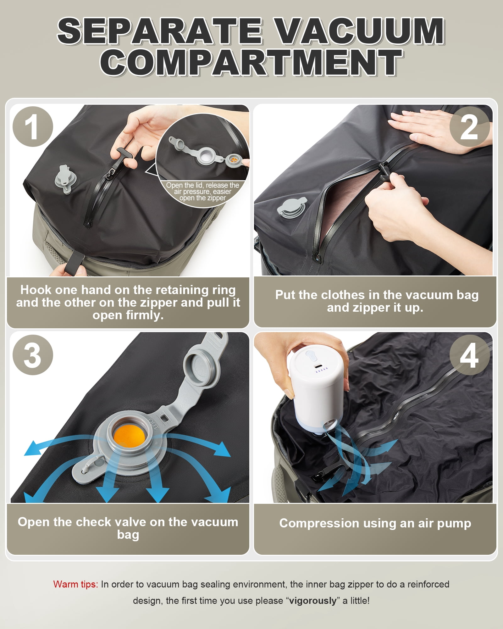 Travel Vacuum Backpack with Air Pump, Vacuum Seal Carry on Backpack for Airplanes, Vacuum Back Pack for Travel Backpack with Vacuum Compression Business Day Vacpack Backpack for Women Men Brown
