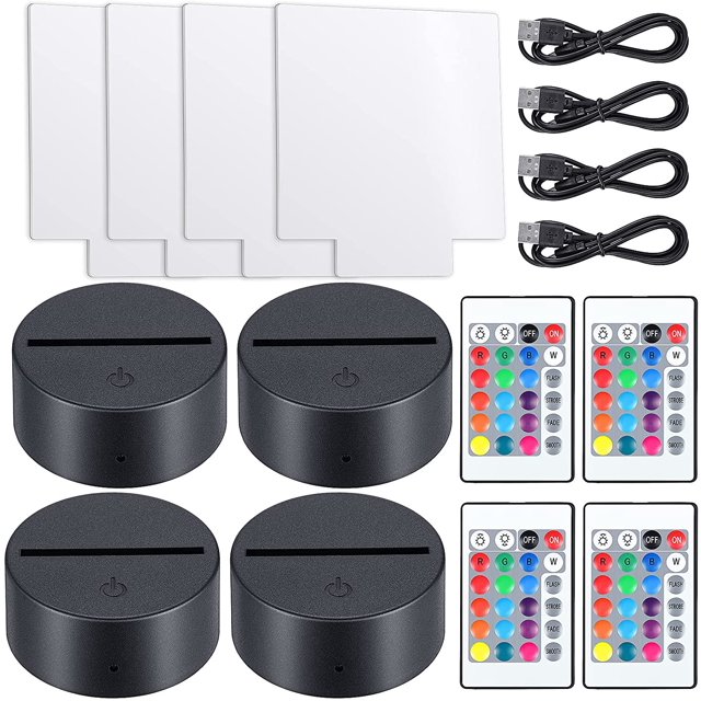 4 Ensembles de Lampes de Nuit 3D avec Base de Lampe LED, Feuilles Acryliques Transparentes, Télécommandes et Câbles de Charge Réglables, 16 Couleurs, 4 Modes pour Chambre d'Enfant, Bar (Style Carré)