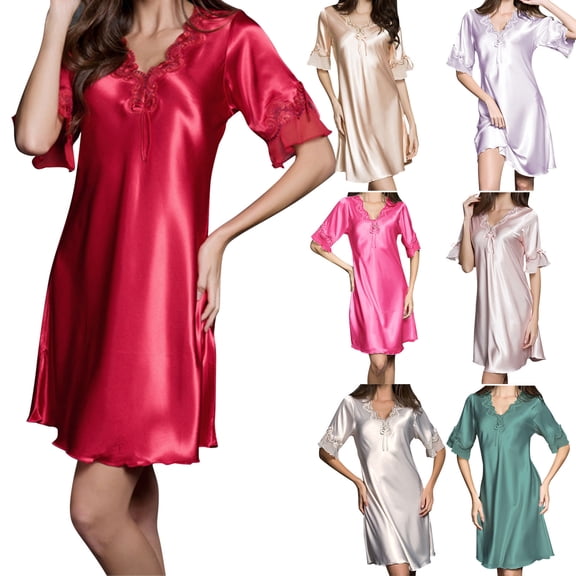 Chroia Women's Summer Silk Satin Nightgown - V Neck Short Sleeve Lace Sleep Lingerie