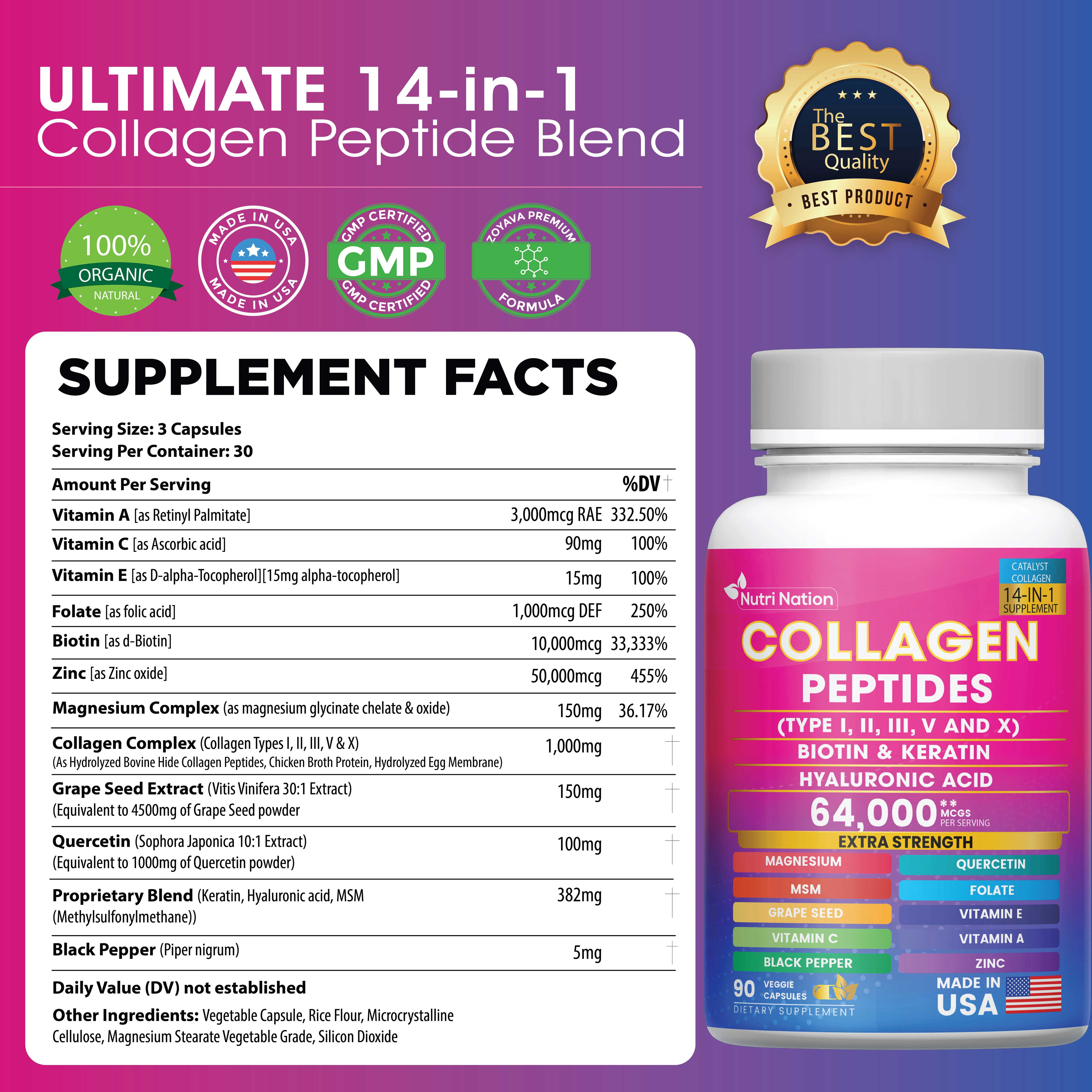 Nutri Nation Collagen Peptide Capsules for Skin, Hair, Nails, Type I, II, III, V & X, 90 Count