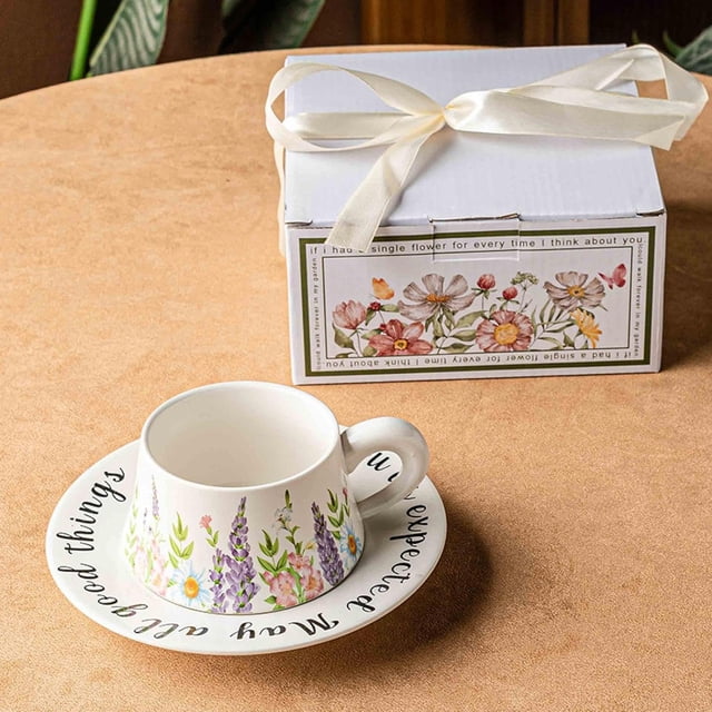 Delicate Floral Ceramic Coffee Cups and Saucers