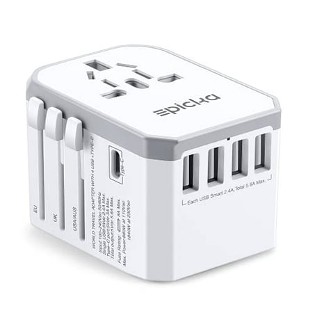 Universal Travel Power Adapter- EPICKA All in One Worldwide International Wall Charger AC Plug Adaptor with Smart Power USB for USA EU UK AUS Cell Phone Laptop (4 USB + Type C - White + Grey)