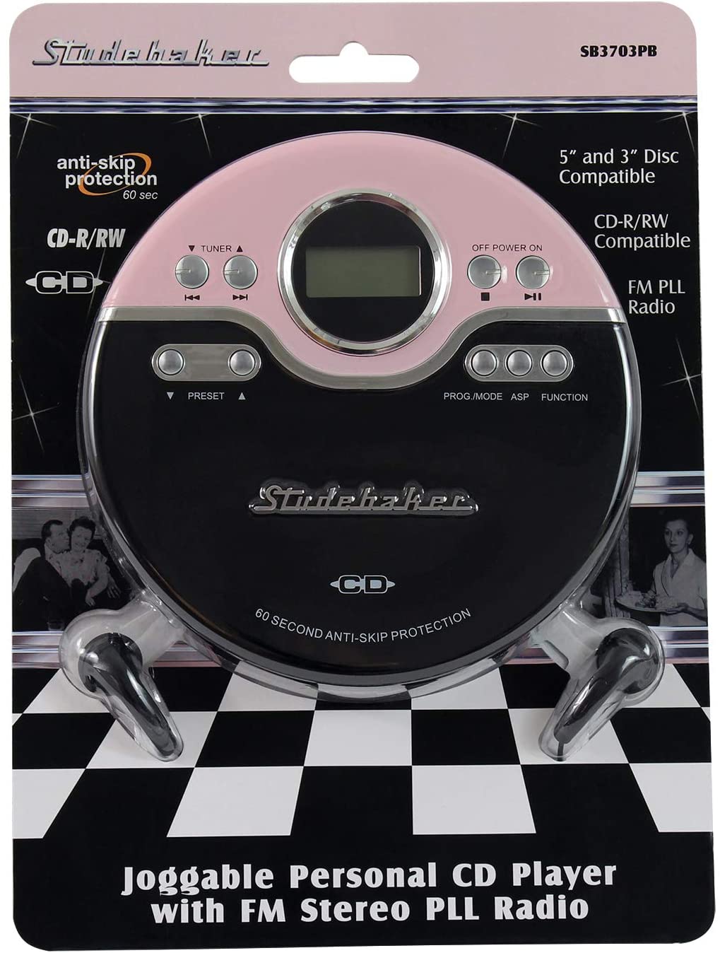 Studebaker SB3703PB Joggable Personal CD Player - FM - Bass Boost (Pink/Black)  [MISC ACCESSORY] Black, Pink - image 2 of 3