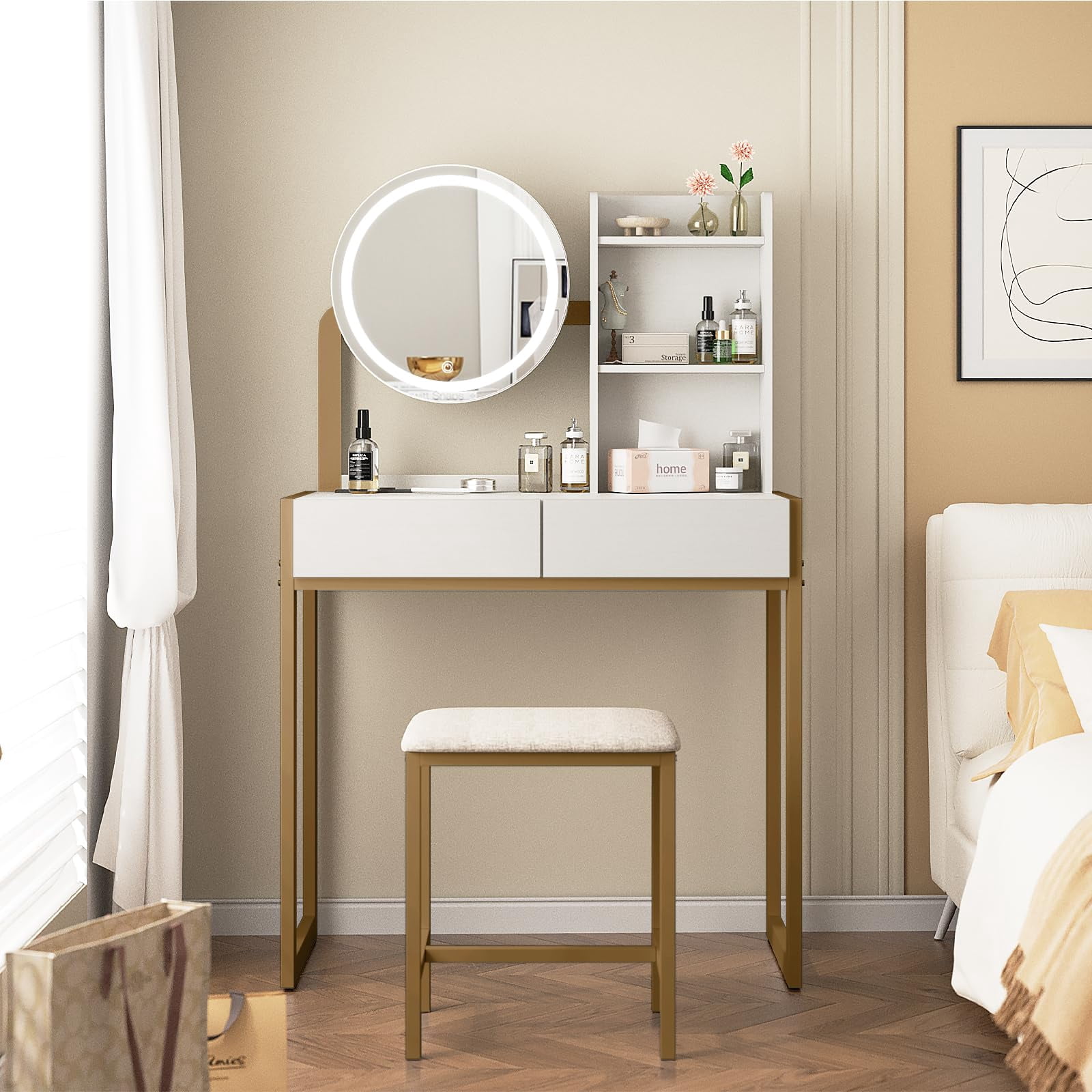 Small Vanity Desk with LED Mirror and Lights, Makeup Table with Built-in Power Outlet and USB Ports, 3 Lighting Modes Vanity with Stool for Bedroom, White and Gold
