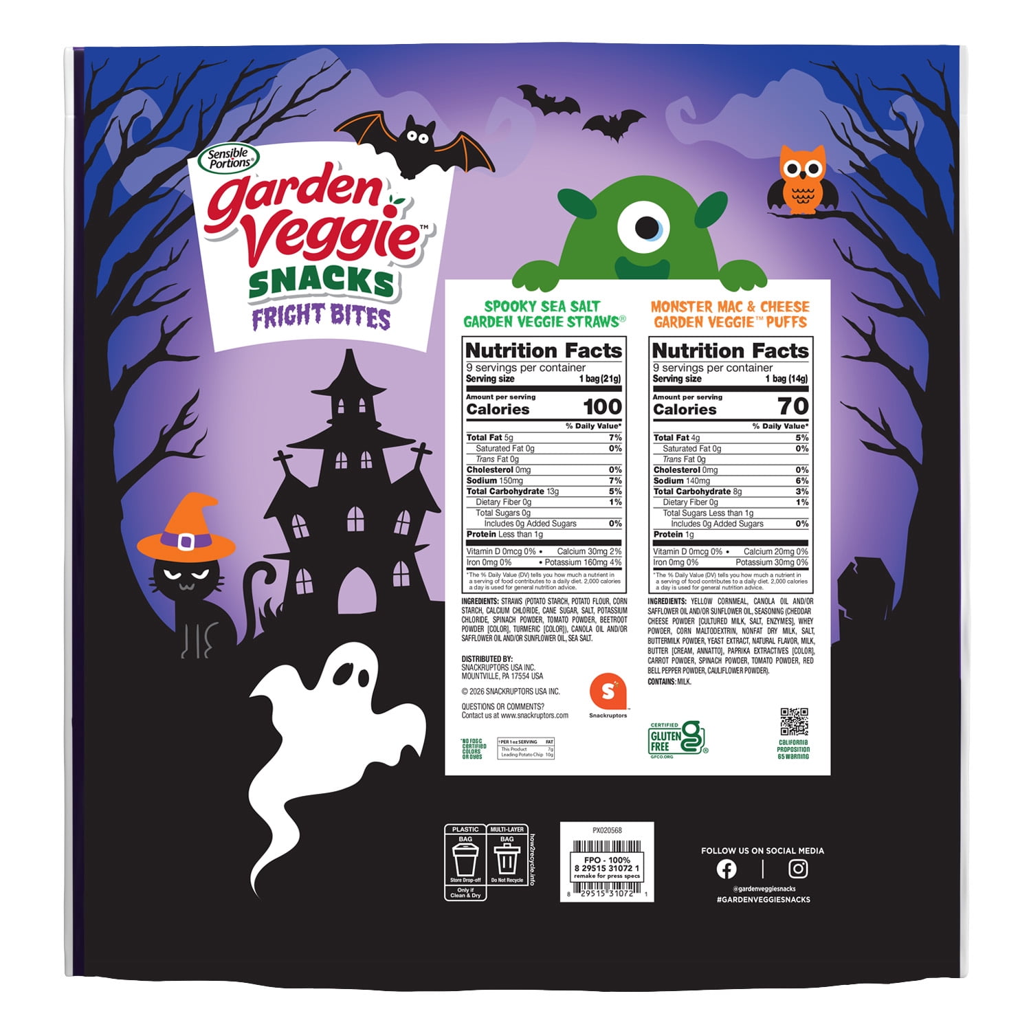 Garden Veggie Fright Bites Sea Salt Straws & Cheese Puffed Snack, 18 Count Multipack