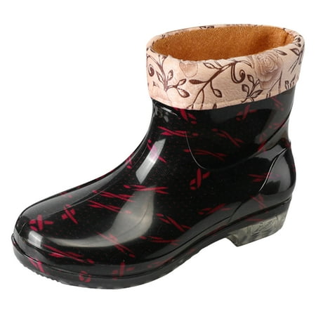 Short Tube Women s Rain Women s Tall Winter Boots Floral Fabric on Rain Shoes for Women Fashion Rubber Shoes Cotton River Berry Boots Non on Short Water Boots