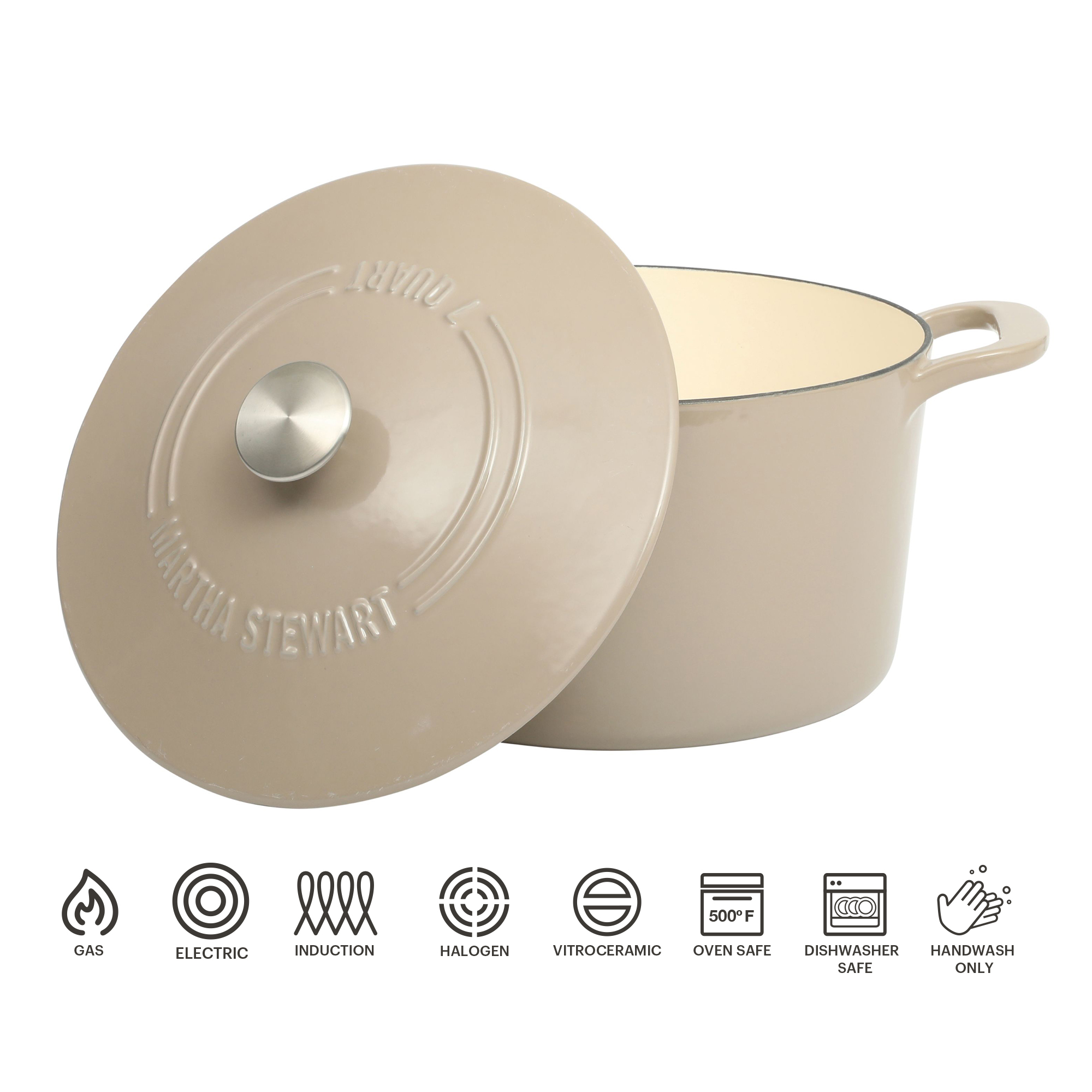 Martha Stewart Everyday Eastwick 7 Quart Enamel on Cast Iron Dutch Oven Taupe