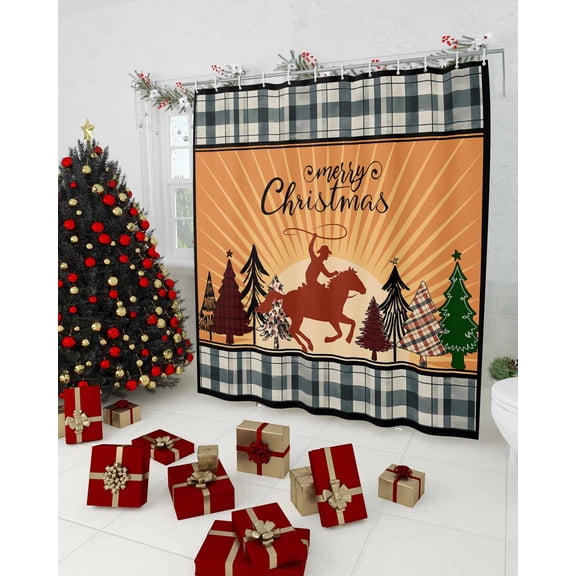 Christmas Shower Curtain, Orange Western Cowboy Xmas Tree Plaid Waterproof Washable Boho Funny Cute Shower Curtains Set for Bathroom Farmhouse Bathtubs Decor with Hook, 48"Wx72"L