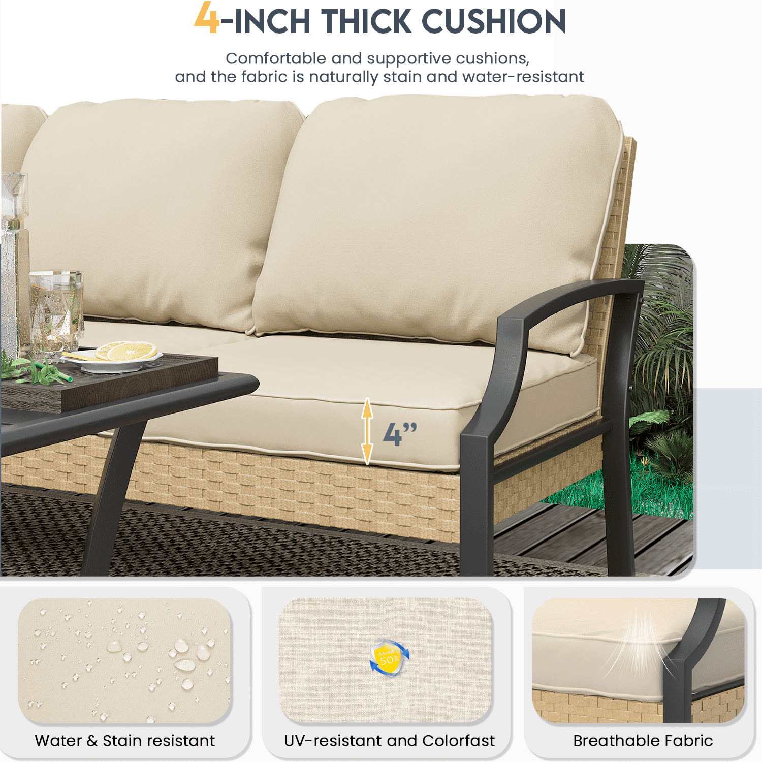 AECOJOY Patio Furniture Sets On Sale,Metal Outdoor Furniture Sets Clearance,Wicker Rattan Patio Conversation Sets For Porch, Garden and Backyard,Beige