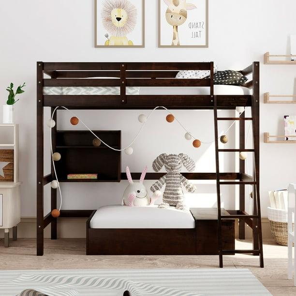 Classic Wood Twin Over Loft Bunk Bed with Convertible Lower Bed, Storage Drawer and Shelf, Twin