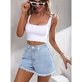 thumbnail image 4 of EMMIOL Women's High-Mid Waisted Stretch Denim Jean Shorts Frayed Raw Hem Solid Casual Boyfriend Y2K Curvy Jorts, 4 of 7