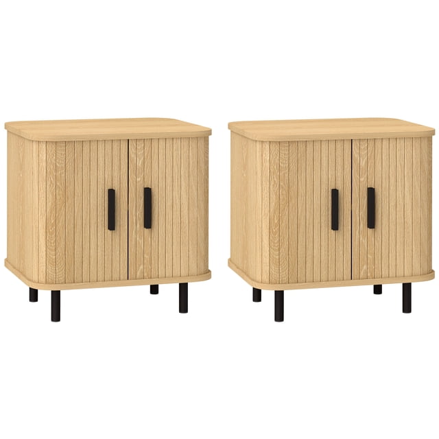 HOMCOM Nightstand Set of 2, Side Table with Shutter Doors for Bedroom, Oak. This set includes two nordic-style nightstands with sliding shutter doors and two-level shelves for ample storage. Constructed from engineered wood with a scratch-resistant oak finish, supported by black steel legs with protective footpads. Each table measures 18.9 inches wide, 15.7 inches deep, and 18.9 inches high, blending functionality with modern design for bedroom decor.