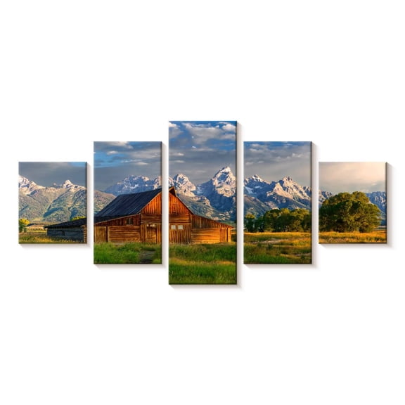 Elephant Stock Grand Teton National Park Wyoming Wall Art - Horizontal Multi Panel Canvas - Living Room Wall Decor - Architecture Multi Panel - Blue And Brown Decor By Susanne Kremer - 29" x 12"