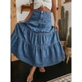 thumbnail image 2 of Womens Medium Wash High Waisted Tiered Denim Maxi Skirt Vintage A-Line Swing Jean Skirt With Pockets Casual Boho Style, 2 of 4