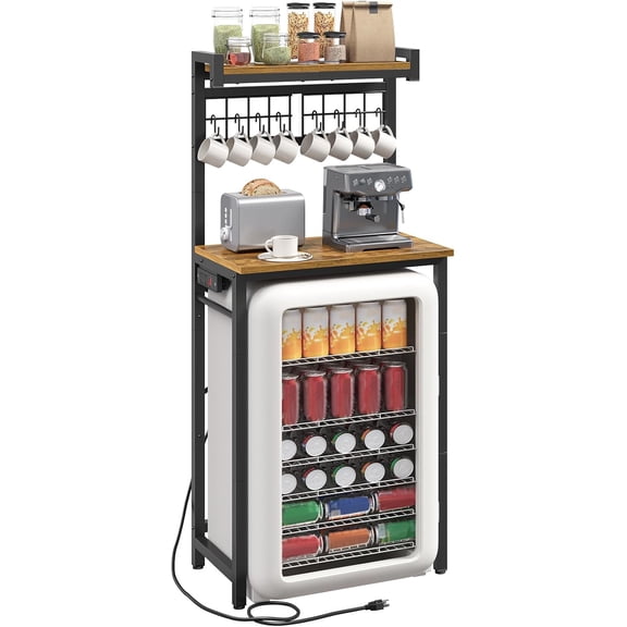 Bakers Rack with Mini Fridge Stand 57.5" H, Microwave Stand with Charging Station Coffee Bar with 8 Hooks X‑Shaped Brace Rustic Brown