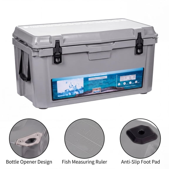 Extra-Thick Insulated Camping Cooler 75qt - Large Portable Ice Chest Keeps Ice Up to 7 Days - Strap & Handle - For Food, Drinks, Beach, Picnic, Fishing, Boat -Gray