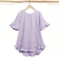 thumbnail image 6 of Women's Striped Short Sleeve Button Back Shirt Tops Blouses Tunics Crewneck Ruffled Hem Casual Loose Fit Soft for Work Office Vacation Travel Fashion Essential | CSEONE,Purple L, 6 of 9