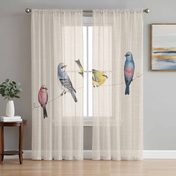 Watercolor Birds Sheer Curtains 84 Inch Length 2 Panels Set Window Treatments, Spring Animal Country Beige Rod Pocket Semi Curtains for Living Room/Bedroom/Kitchen Décor, 104"W x 84"L